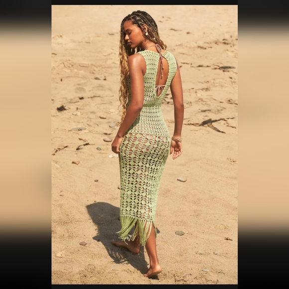 Lulus Endless Waves Sage Green Crochet Fringe Midi Swim Cover-up - Picture 4 of 8